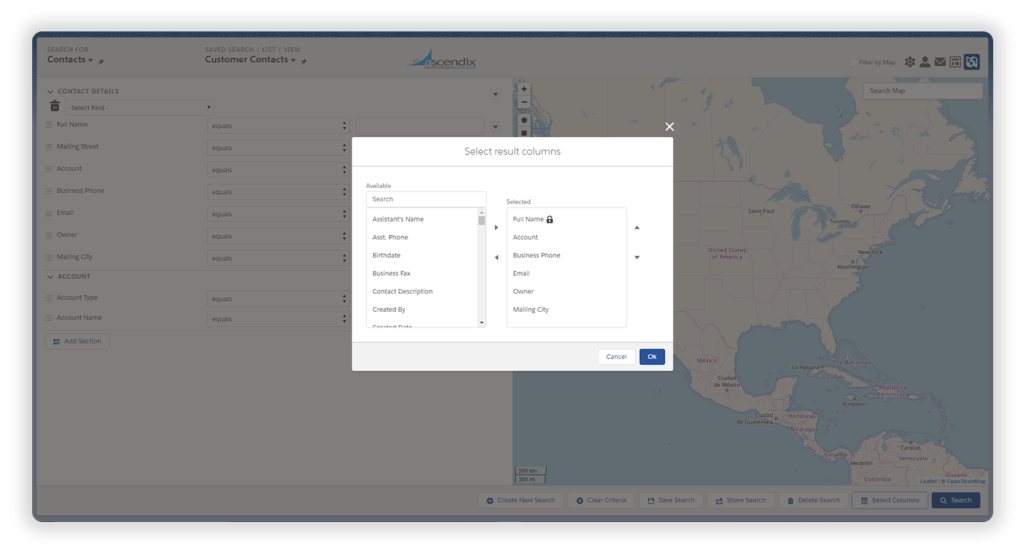 Ascendix Search for Salesforce Adjusting Columns To Result Sets