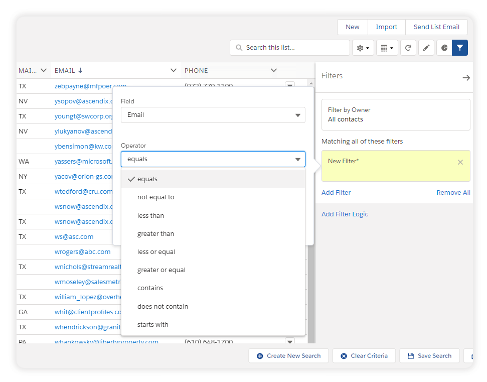 Salesforce Available Filters for the Field ‘Email’
