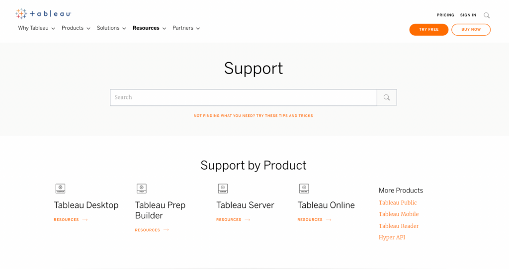 Tableau customer support page