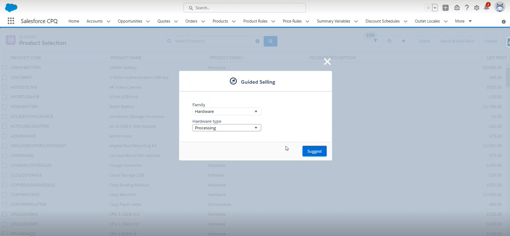 Example of a Guided Selling template in Salesforce CPQ