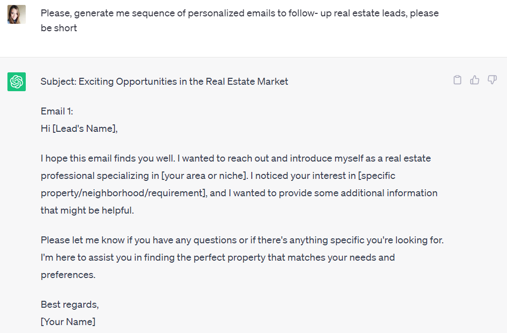 real estate follow-up email examples generated by chatGPT