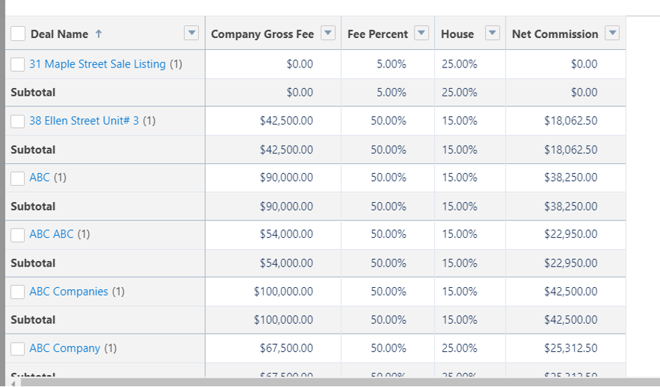 Deal Name, Company Gross Fee, Fee Percent, House, Net Commision Data for Generating My Commissions Report | Ascendix