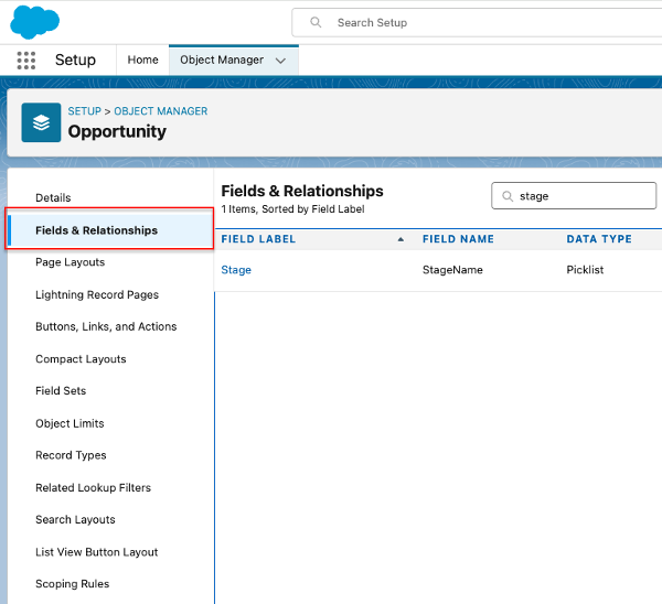 3. Find Fields and Relationships Tab and Search for the Stage Field in Salesforce | Ascendix