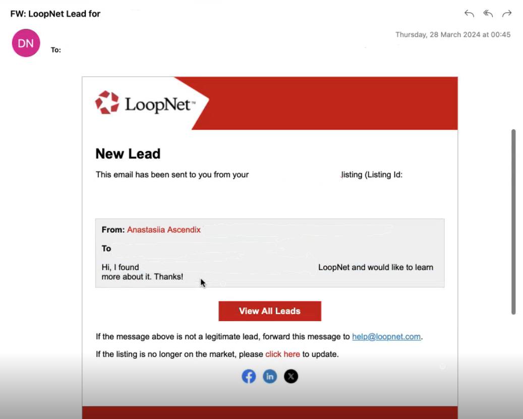 Inquiry from LoopNet in email box