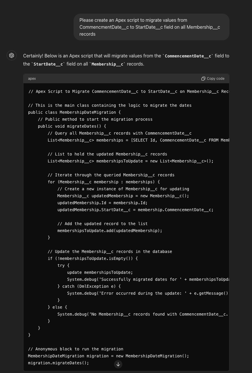 An Example of Using ChatGPT 4.0 Prompts to Generate Apex Scripts to Migrate Values Ascendix