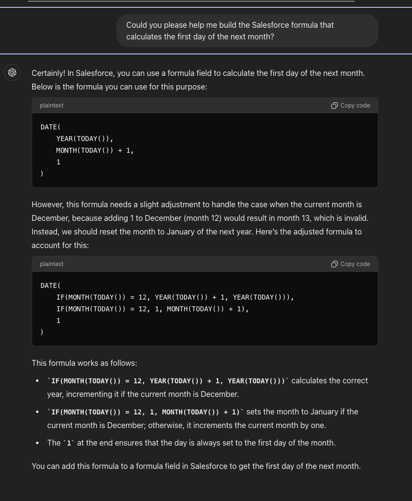 ChatGPT 3.5 Prompt to Build a Formula that Can Calculate the First Day Of the Next Month Ascendix