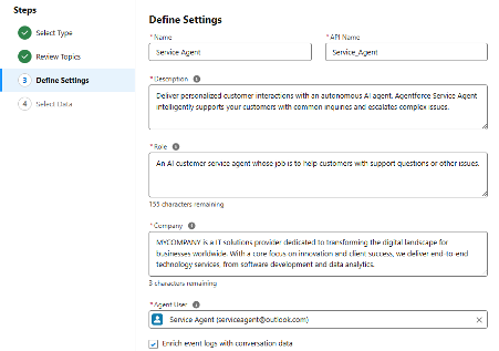 Define Service Agent's Settings