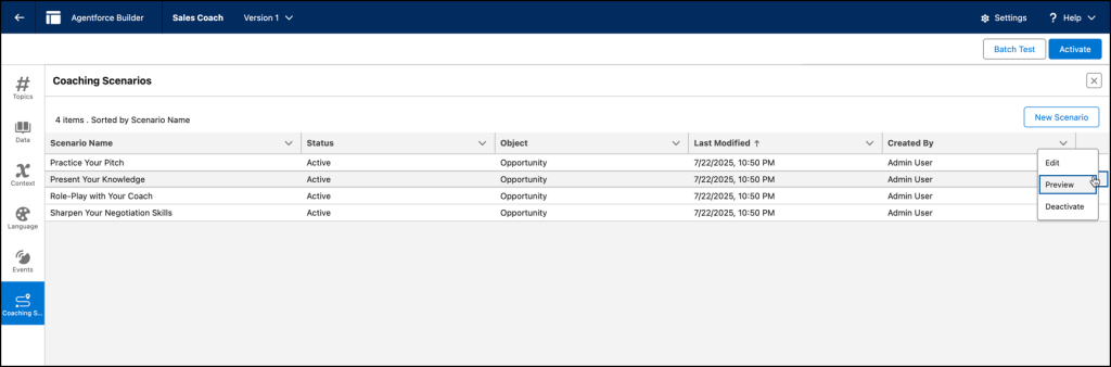Preview and Validate Coaching Scenarios in Agentforce Sales Coach