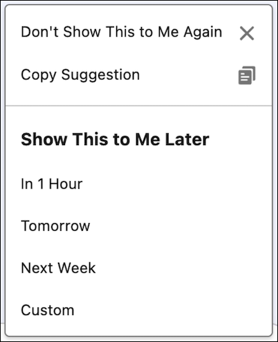 Schedule Suggested For You Prompts for Later in Salesforce Screenshot
