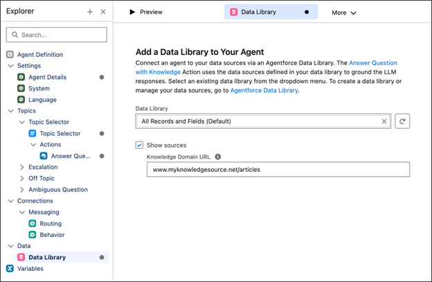 connecting agent sources in agentforce builder