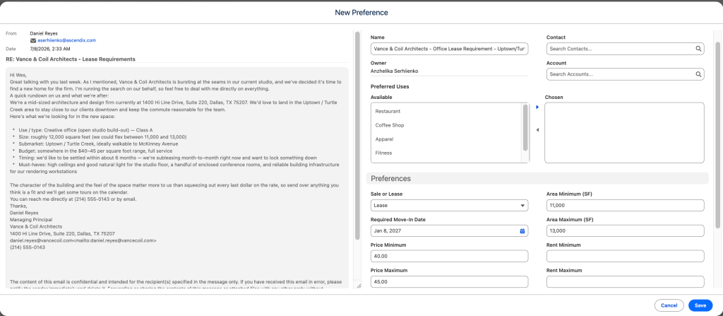Harvest email parsing crm commercial real estate