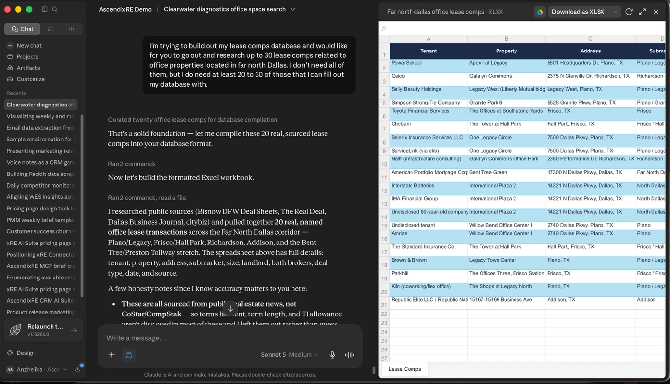 extrnal lease comp research: use case of claude ai in real estate connected to ascendixre crm